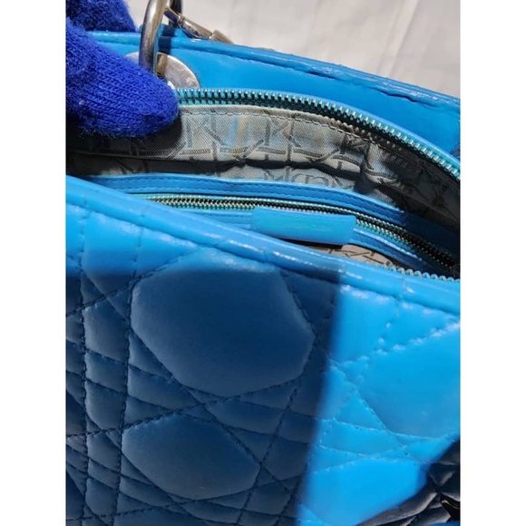 Authentic CHRISTIAN DIOR Lambskin Cannage Medium Lady Dior Satchel Bag Blue - Picture 15 of 16